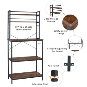 5-Tier Kitchen Bakers Rack with 10 S-Shaped Hooks, Industrial Microwave Oven Stand, Free Standing Kitchen Utility Cart Storage Shelf Organizer (Rustic (Color: Brown)